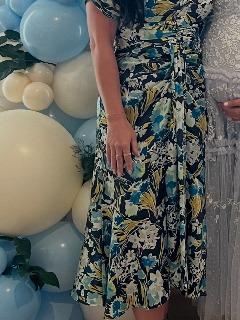 cinq a sept Navy Floral Midi Skirt with Teal & Yellow Accents